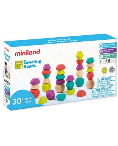 Комплект дървени форми за подреждане Miniland - Towering Beads - 6