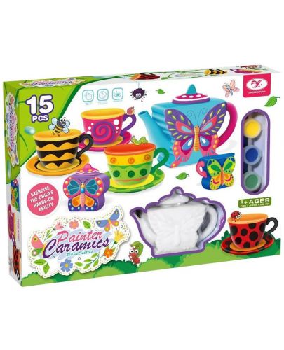 Комплект за оцветяване Felyx Toys - Керамичен сервиз за чай, Пеперуди, 15 части - 1