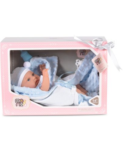 Кукла-бебе Moni - Със синьо одеялце и аксесоари, 36 cm - 3