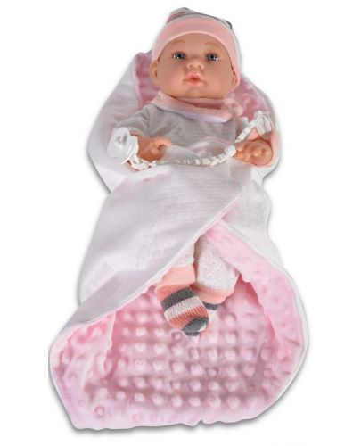 Кукла-бебе Moni - С розово одеялце и шапка на райе, 41 cm - 1