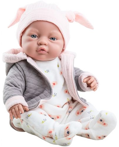 Кукла-бебе Paola Reina Los Bebitos - Bebita, със сиво горнище с качулка и шапка с ушички, 45 cm - 1