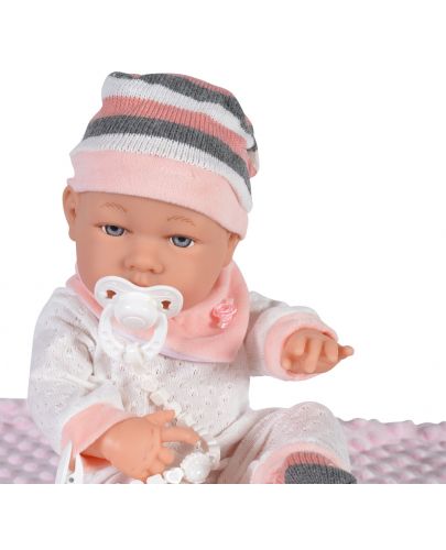 Кукла-бебе Moni - С розово одеялце и шапка на райе, 41 cm - 2