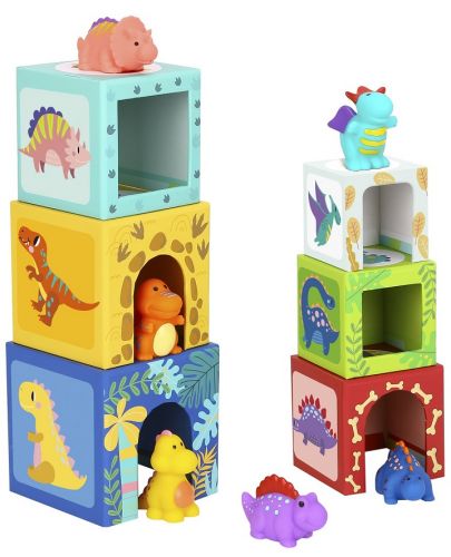 Кула от картонени кубчета с фигури Tooky Toy - Динозаври - 1
