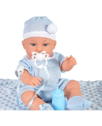 Кукла-бебе Moni - Със синьо одеялце и аксесоари, 36 cm - 2