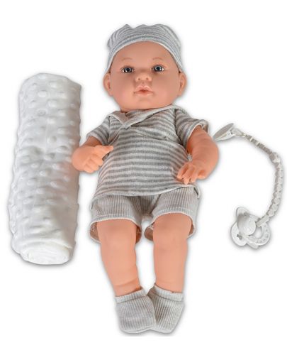 Кукла-бебе Moni - Със сиви дрешки на райе и одеялце, 41 cm - 1
