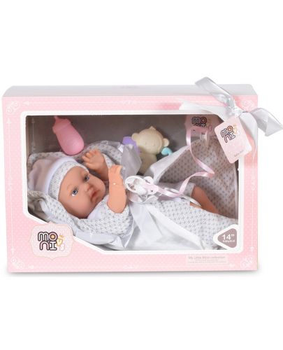 Кукла-бебе Moni - Със сиво одеялце и аксесоари, 36 cm - 4