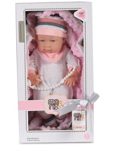 Кукла-бебе Moni - С розово одеялце и шапка на райе, 41 cm - 3