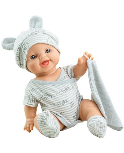 Кукла-бебе Paola Reina Los Gordis - Карлос, със сиво боди и шапка с ушички, 34 cm - 1