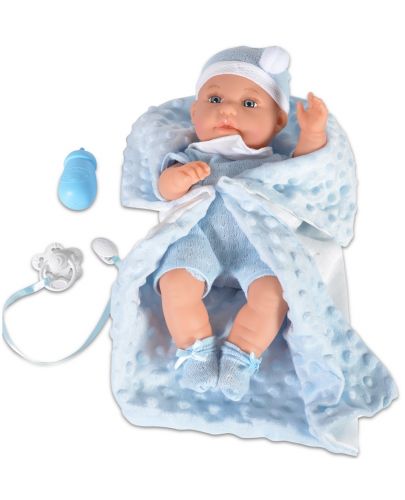Кукла-бебе Moni - Със синьо одеялце и аксесоари, 36 cm - 1