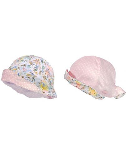 Лятна шапка с периферия и две лица Maximo - размер 53, розова на бели точки и цветя - 1