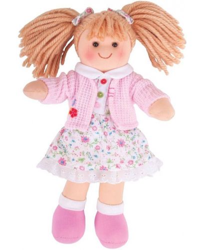 Мека кукла Bigjigs - Попи,  с рокличка на цветя и жилетка, 28 cm - 1
