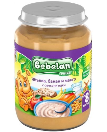 Млечна каша Bebelan Puree - Ябълки, банан и манго с овесени ядки, 190 g - 1
