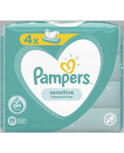 Мокри кърпички Pampers - Sensitive, 4 x 52 броя  - 1