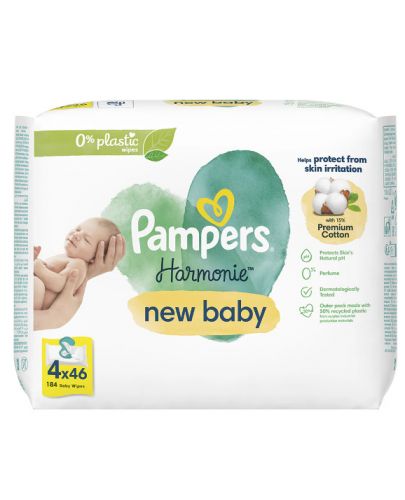 Мокри кърпички Pampers Harmonie - New Baby, 4 опаковки x 46, 184 броя - 1