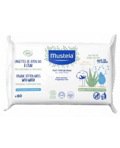 Мокри кърпички Mustela - С органичен памук и 99% вода, 60 броя  - 1