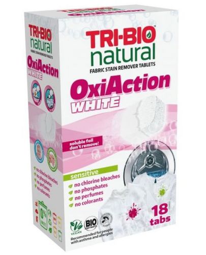 Натурални таблетки за премахване на петна Tri-Bio - За бяло пране, Oxi-Action, 18 таблетки - 1
