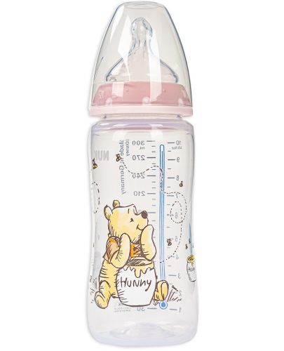 Шише Nuk First Choice - Disney, TC, със силиконов биберон, 300 ml, Розово/Мечо Пух с мед - 1