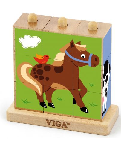 Образователен пъзел с кубчета Viga - Домашни животни, 9 части - 2