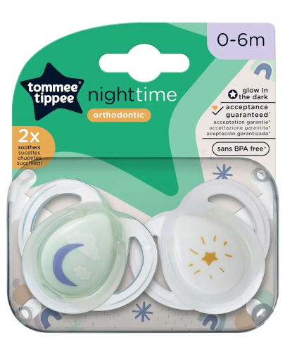 Ортодонтични  залъгалки Tommee Tippee - Night Time, 0-6 м, 2 броя, звезда/луна - 7