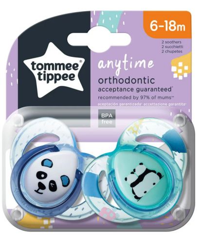 Ортодонтични залъгалки Tommee Tippee - Anytime, 6-18 месеца, 2 броя, Тъмно сини Панди - 1