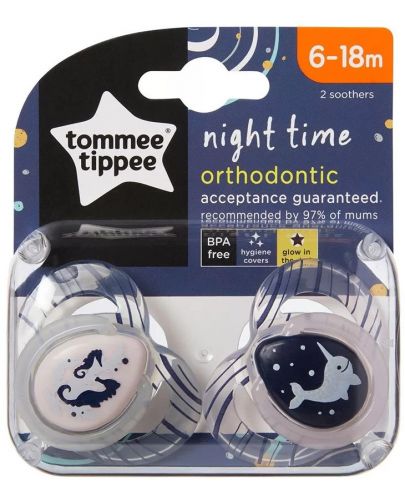 Ортодонтични залъгалки Tommee Tippee - Night Time, 6-18 месеца, 2 броя, бели - 1