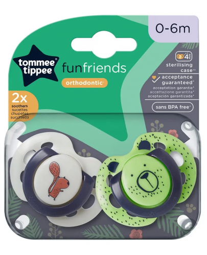 Ортодонтични залъгалки Tommee Tippee - Fun Friends, 0-6 м, 2 броя, Катерица/Мече - 6