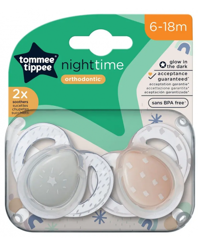 Ортодонтични  залъгалки Tommee Tippee - Night Time, 6-18 м, 2 броя, звезда/дъжд - 6