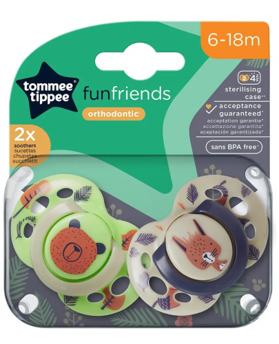 Ортодонтични залъгалки Tommee Tippee - Fun Friends, 6-18 м, 2 броя, Мече/Катерица - 6