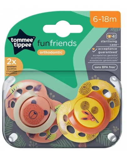 Ортодонтични залъгалки Tommee Tippee - Fun Friends, 6-18 м, 2 броя, оранжева и жълта - 6