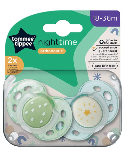 Ортодонтични залъгалки Tommee Tippee - Night Time, 18-36 м, 2 броя, звезда/дъжд - 6