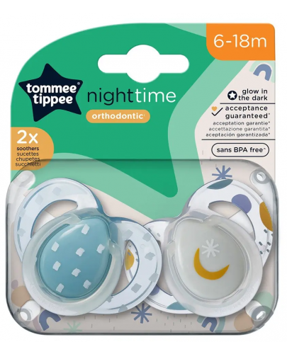 Ортодонтични  залъгалки Tommee Tippee - Night Time, 6-18 м, 2 броя, луна/дъжд - 6