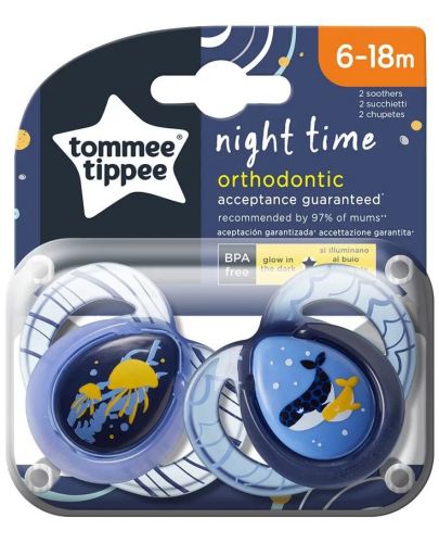 Ортодонтични залъгалки Tommee Tippee - Night Time, 6-18 месеца, 2 броя, китове - 1