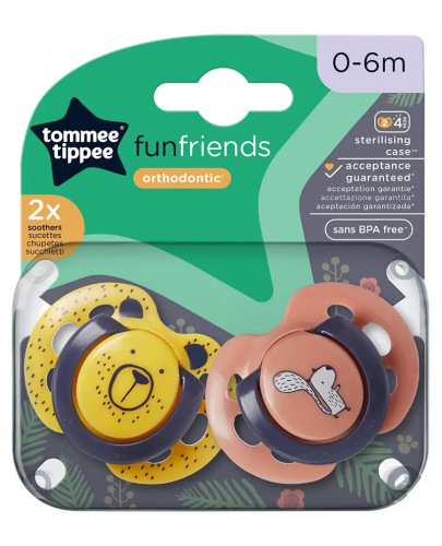 Ортодонтични залъгалки Tommee Tippee - Fun Friends, 0-6 м, 2 броя, жълта и розова - 6