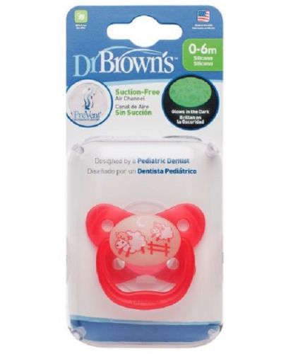 Ортодонтска залъгалка Dr. Brown's - PreVent, 0-6 m, светеща, розова - 2