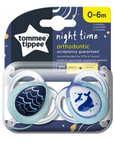 Ортодонтични залъгалки Tommee Tippee - Night Time, 0-6 месеца, 2 броя  - 1