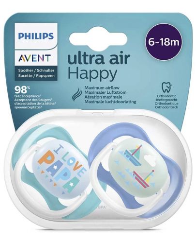 Ортодонтични залъгалки Philips Avent - Ultra Air Happy, 6-18 месеца, 2 броя, за момче, надпис/лодка - 3