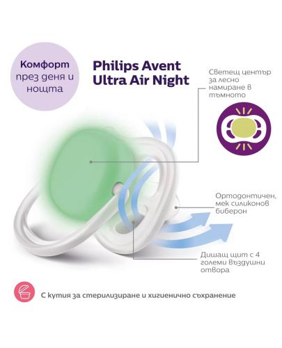 Ортодонтични залъгалки Philips Avent - Ultra Air Night, 6-18 месеца, за момче, с кутийка - 4