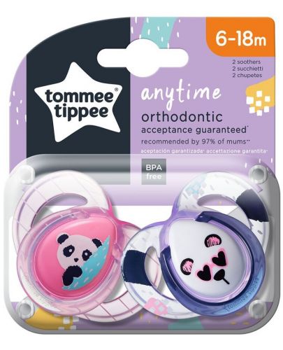 Ортодонтични залъгалки, Anytime, Tommee Tippee 6-18м., 2 бр./оп., Розови Панди - 1
