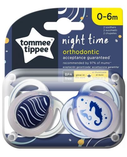 Ортодонтични залъгалки Tommee Tippee - Night Time, 0-6 месеца, 2 броя  - 1