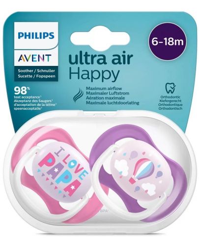 Ортодонтични залъгалки Philips Avent - Ultra Air Happy, 6-18 месеца, 2 броя, за момиче, надпис/балон - 4
