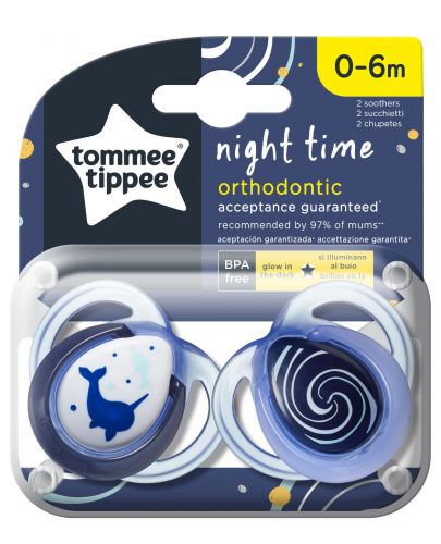 Ортодонтични залъгалки Tommee Tippee - Night, 0-6 месеца, нарвал - 1