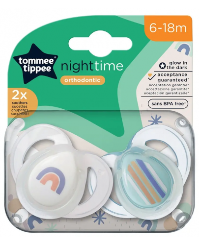 Ортодонтични  залъгалки Tommee Tippee - Night Time, 6-18 м, 2 броя, дъга - 7