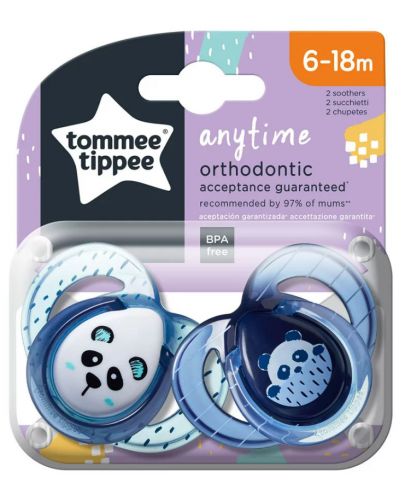 Ортодонтични залъгалки Tommee Tippee - Anytime, 6-18 месеца, 2 броя, Светлосини панди - 1