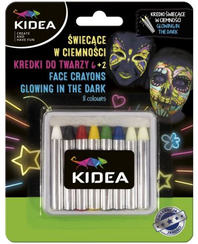 Пастели за лице Kidea - 6 цвята + 2 светещи на тъмно - 1