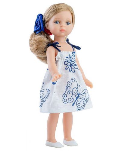 Кукла Paola Reina Mini Amigas - Валерия, с бяла рокля със сини мотиви, 21 cm - 1