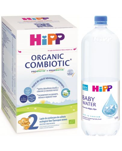Пакет Hipp - Преходно мляко Combiotic 2, 800 g и питейна вода за бебета, 1.5 l - 1