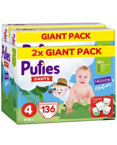 Пелени гащи Pufies Fashion & Nature - Размер 4, 136 броя, 9-15 kg, Giant Pack x 2 - 1