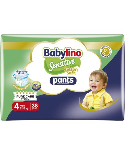 Пелени гащи Babylino - Sensitive, Cotton Soft, VP, размер 4, 7-13 kg, 38 броя  - 1