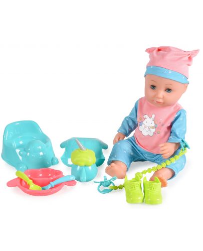 Пишкаща кукла-бебе Moni - Със синя шапка и аксесоари, 36 cm - 1