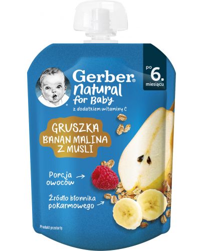 Плодово пюре Nestle Gerber - Пауч с круша, банан, малина и мюсли, 6м+, 80 g - 1
